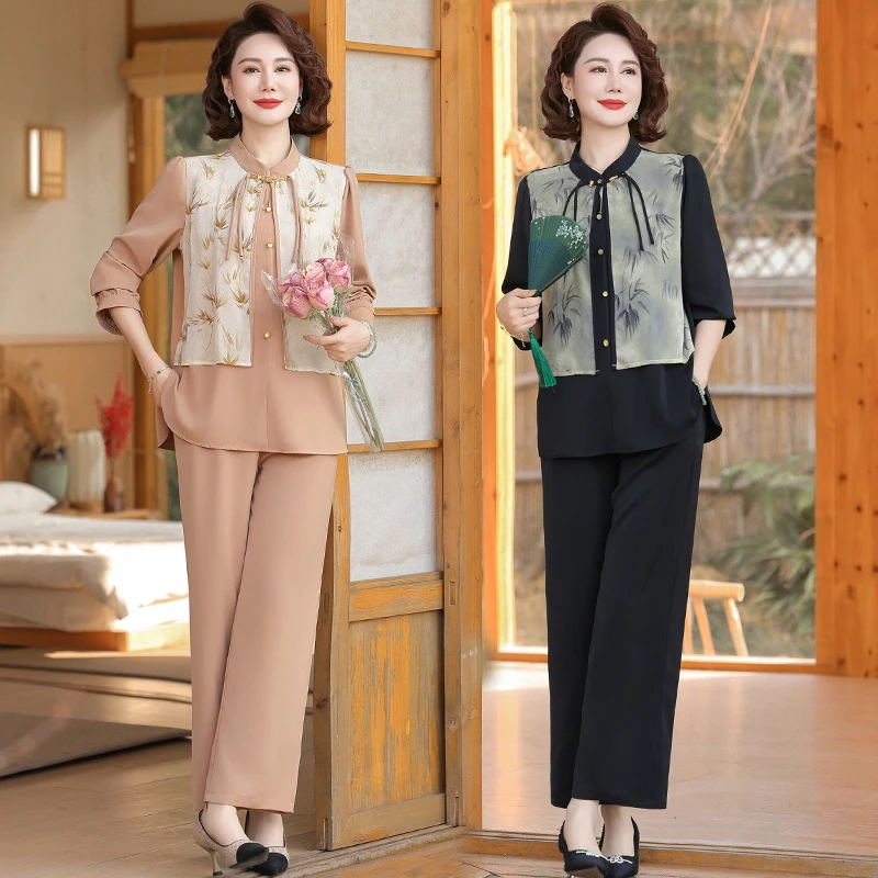 妈妈春夏2025新款新中式国风雪纺衫中老年女装春夏七分袖上衣