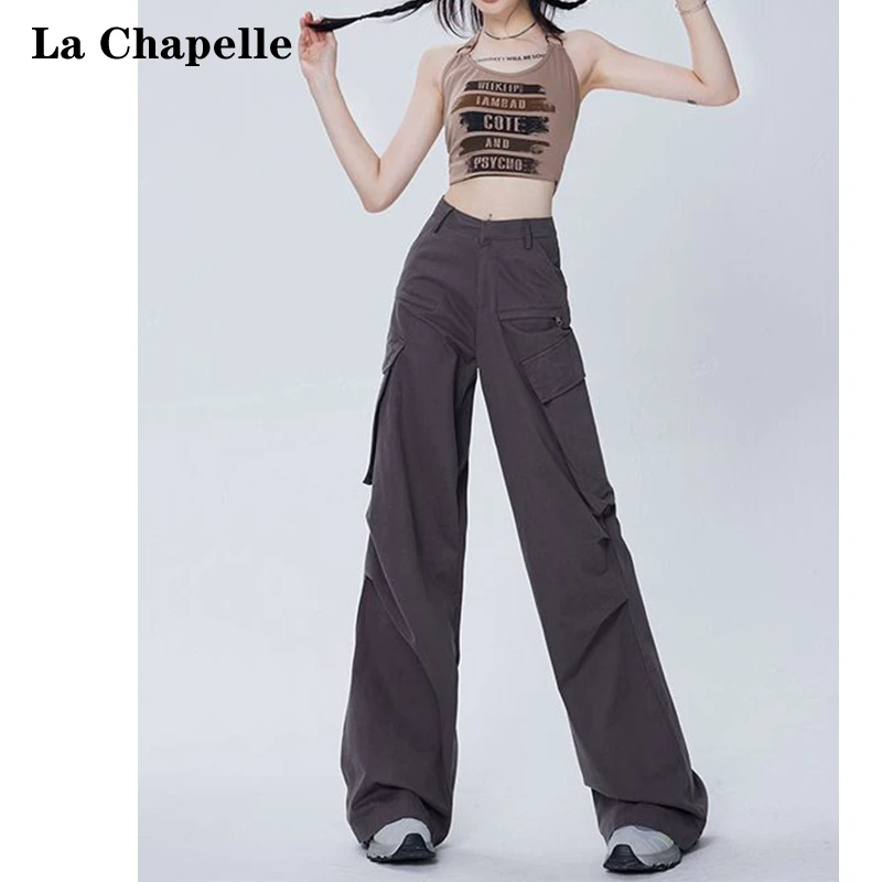 拉夏贝尔高腰直筒工装裤牛仔女新款宽松显瘦阔腿裤美式复古休闲裤