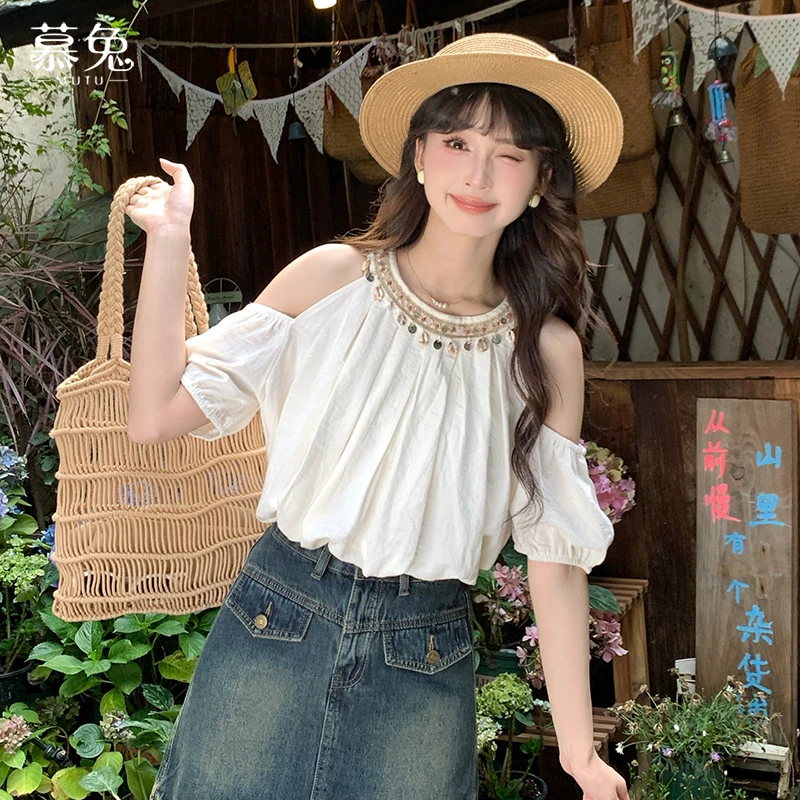 慕兔法式气质挂脖露肩短袖衬衫女2025夏季新款设计感小众亮片上衣