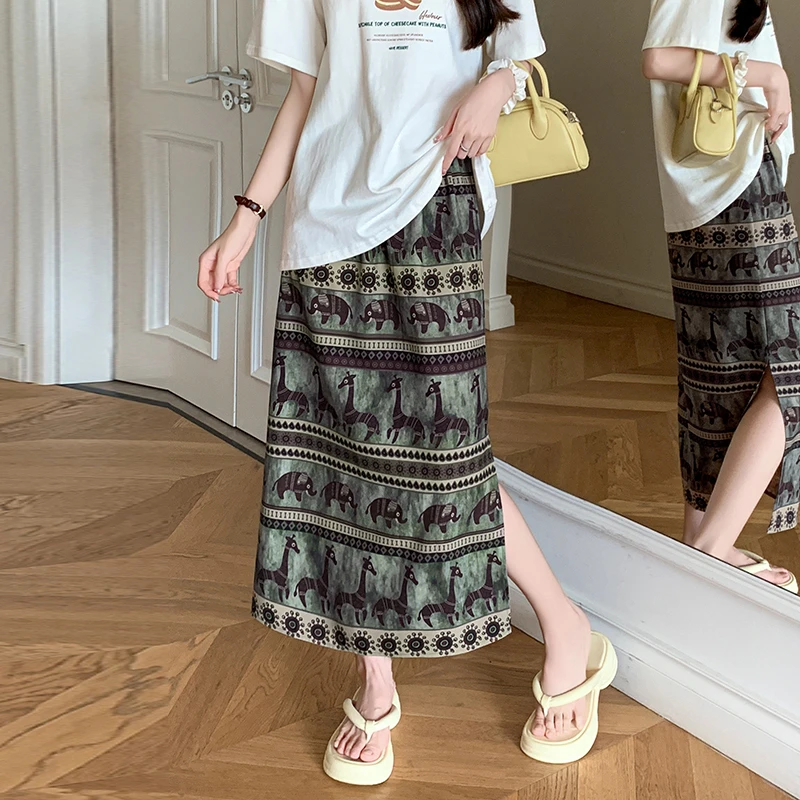 醋酸缎复古印花小象半身裙女夏季韩系松紧腰显瘦韩版开叉H直筒裙