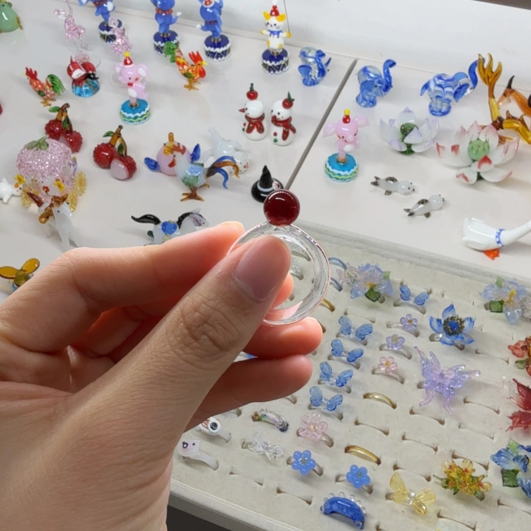 手工艺品琉璃红球戒指