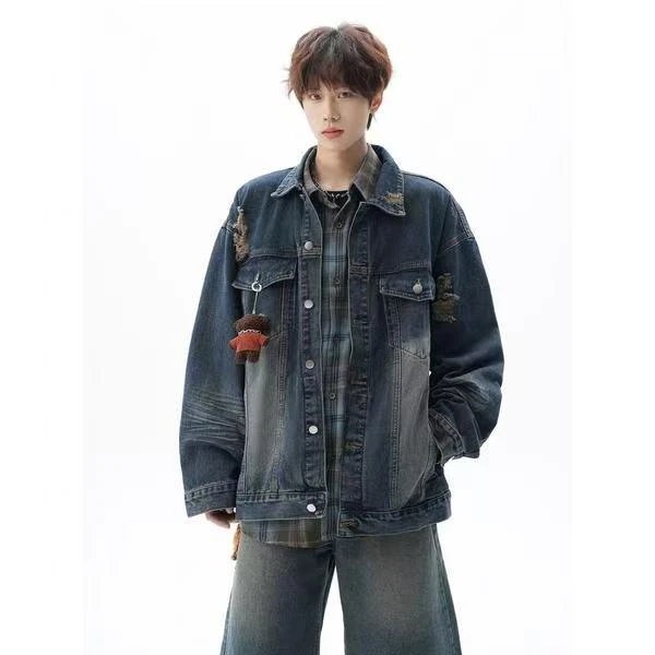 新品美式破洞牛仔夹克男女秋季潮牌水洗做旧情侣外套宽松休闲上衣