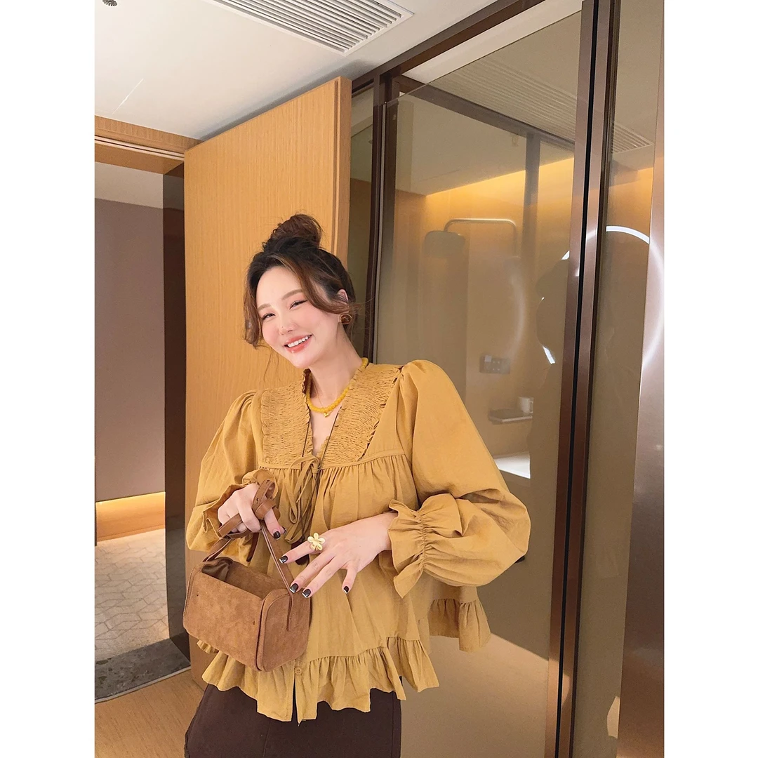 智英欧尼~橘黄衬衫【V领法式减龄宽松痞帅炸街风女装长袖韩版】