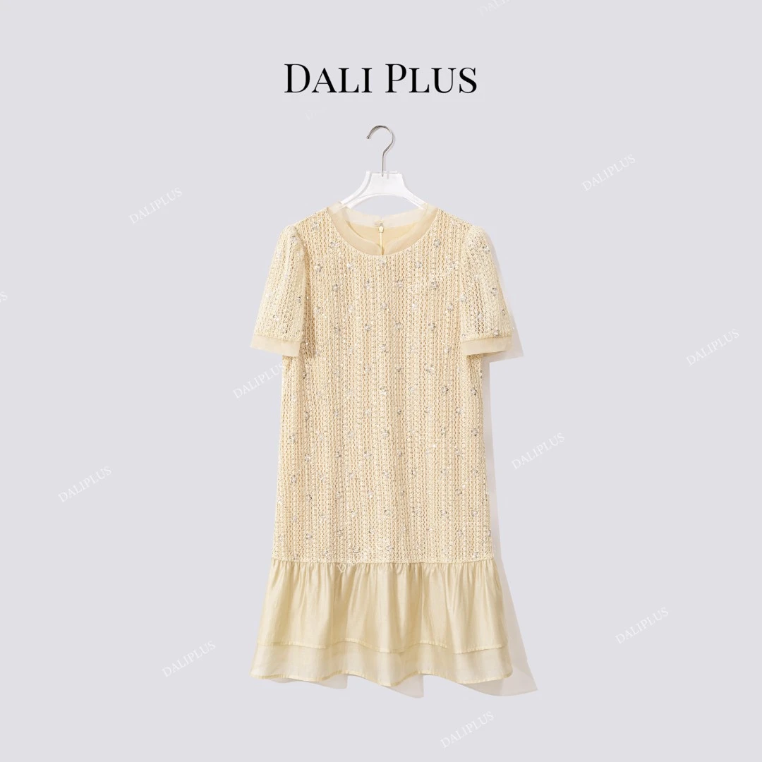 DALI PLUS“重磅桑蚕丝”拼接重工绣珠立领碎金连衣裙-D5XH0067