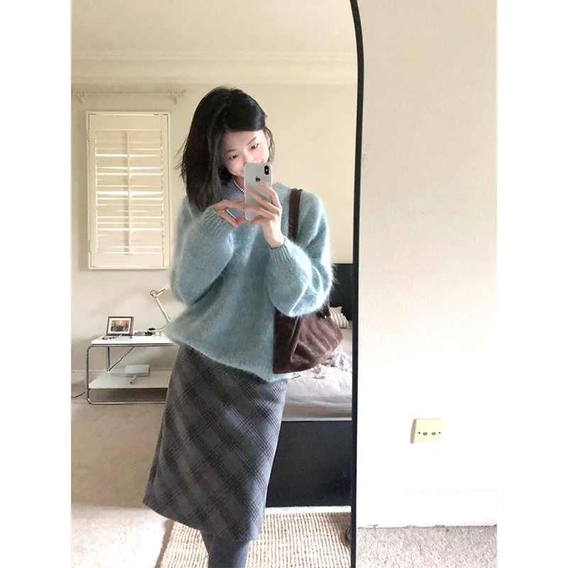 MARIE.COCO高智感小香风蓝色套头软糯长袖毛衣女秋冬季格纹半身裙