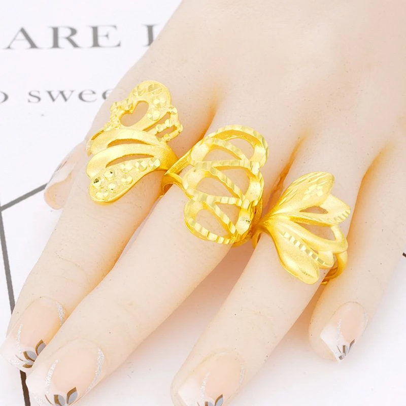 黄铜戒指 铜镀金女生戒喷砂设计金色可调节四款可选指环不掉色