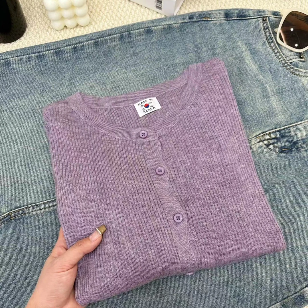 【专属】紫色~设计感单排扣针织毛衣外套开衫宽松圆领上衣
