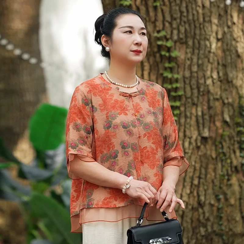 中老年妈妈装国风小衫女2024夏季休闲圆领小衫显瘦百搭宽松上衣