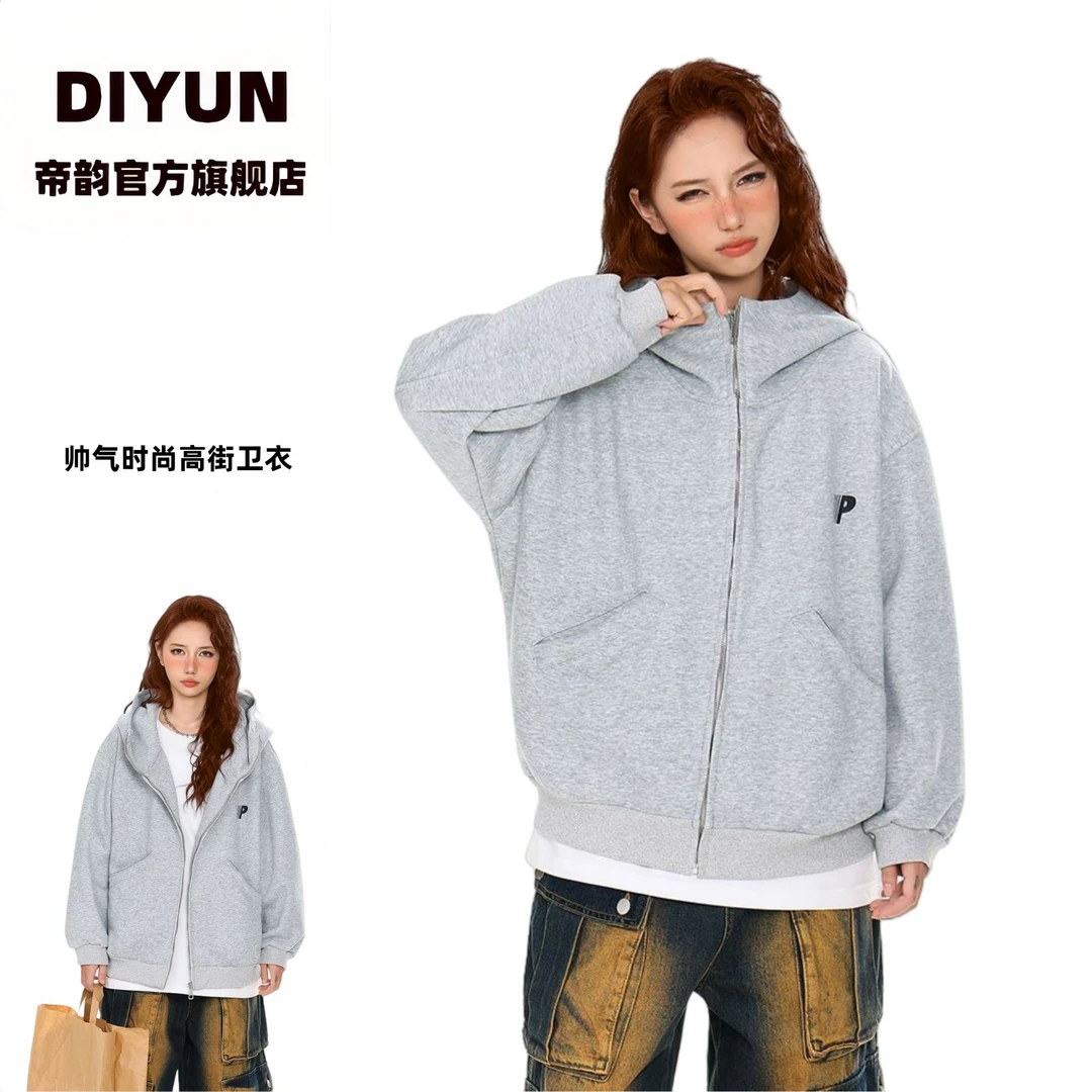 美式卫衣女春秋连帽上衣设计感小众复古高领开衫印花宽松情侣外套