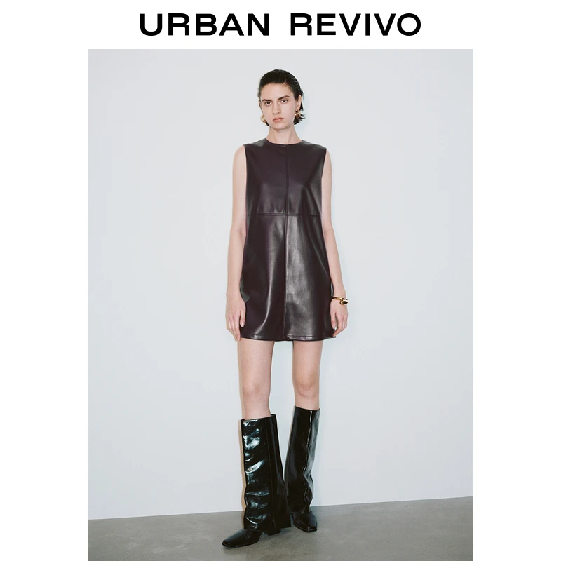 UR2025春季新款女装欧若风复古摩登气质PU无袖连衣裙UWM750003