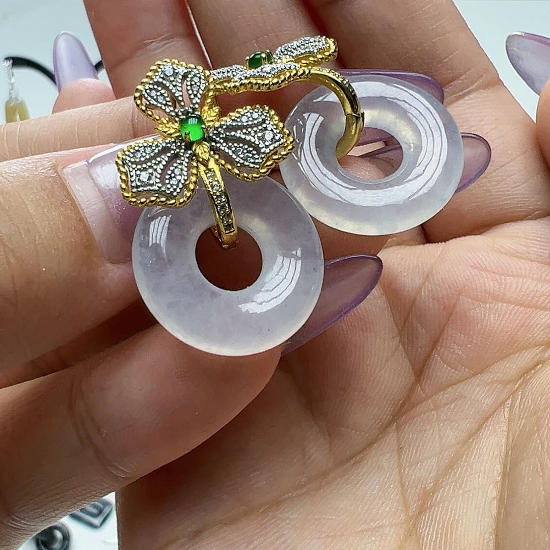翡翠银S925镶嵌耳饰月*天然缅甸A货翡翠