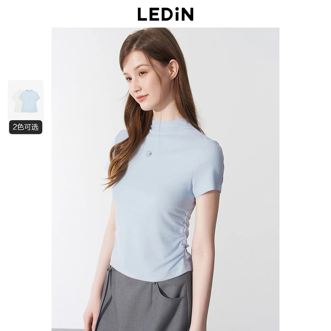 【欧若风】乐町韩系通勤半高领印花短款短袖25春季新款抽褶设计T恤