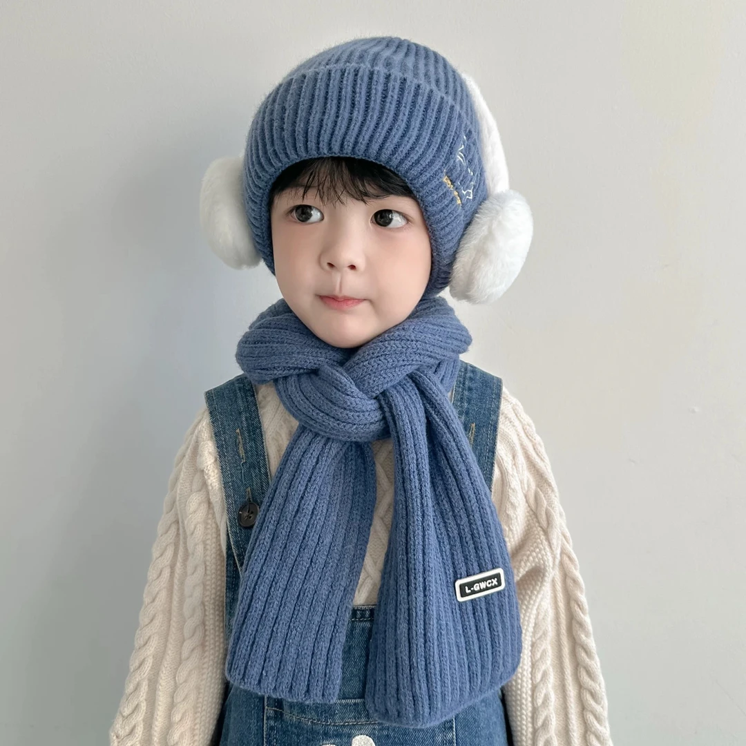 儿童帽子围巾二件套秋冬韩版男童护耳帽女童加厚保暖毛线宝宝套帽