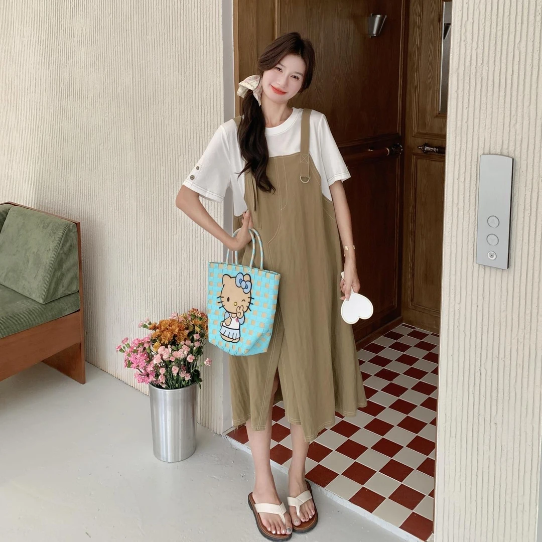 2025夏季新款韩版气质百搭显瘦拼接撞色背带设计感假两件连衣裙女