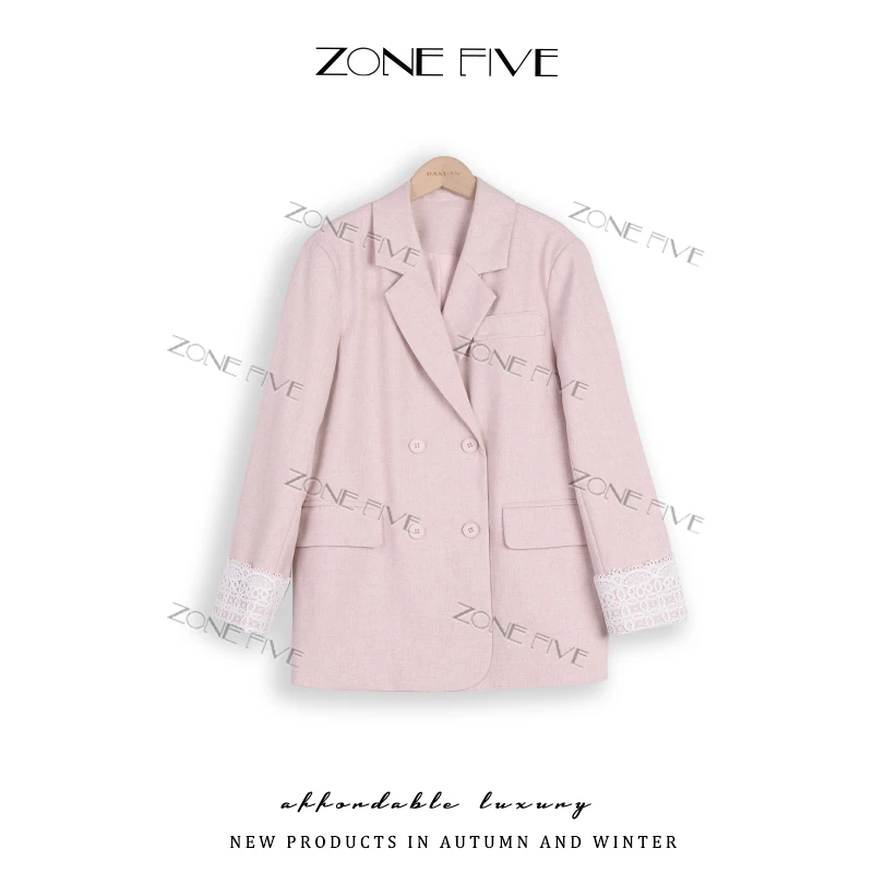 【zonefive】2025春季新款韩版时尚蕾丝拼接中长款气质西装外套女