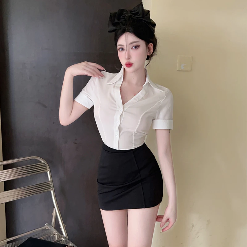 夏季白色衬衫女职业秘书制服纯欲酒店前台工作服气质V领短袖上衣