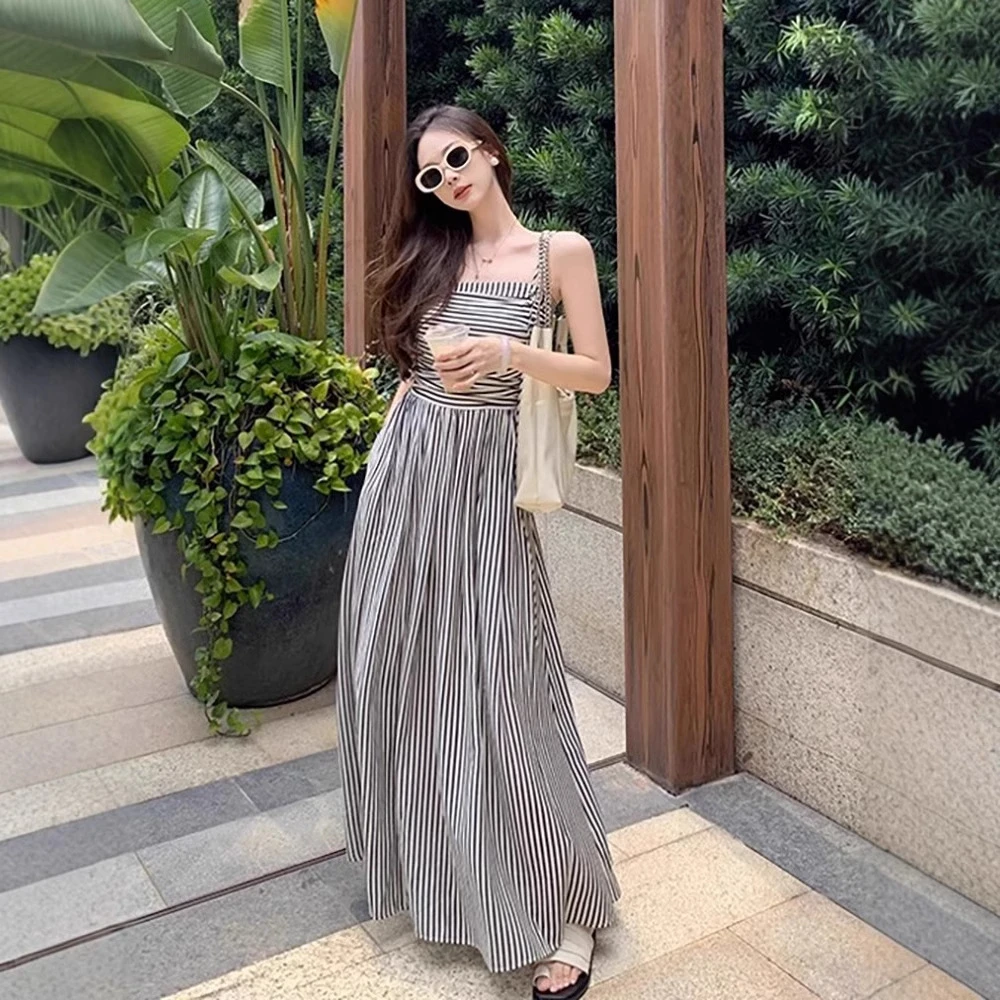 小性感抹胸吊带条纹衫连衣裙女夏季新款高级感气质高腰显瘦长裙子