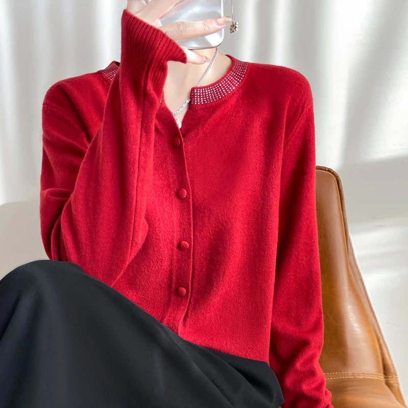 烫钻毛针织开衫纯色时尚针织衫短款外搭上衣圆领气质