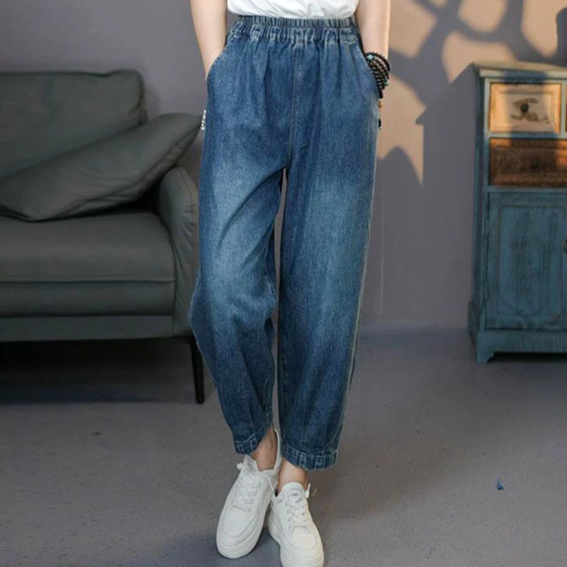 3622蓝牛仔裤女士新品潮流女士牛仔长裤小脚裤大码宽松