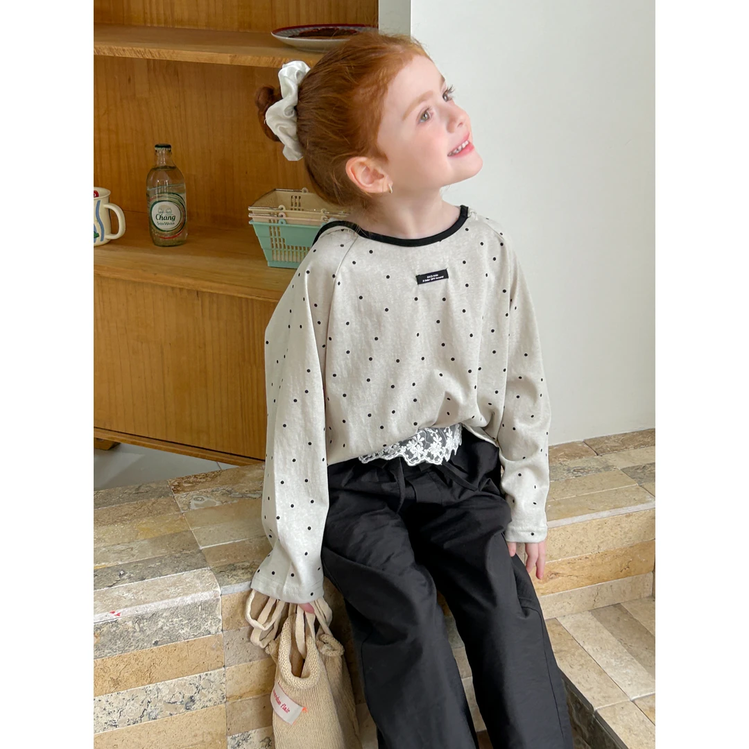 57124特 楚心然韩版儿童波点长袖上衣春季简约款连帽舒适休闲T恤