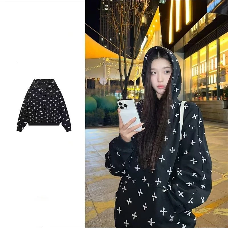 【ZHAP】美式十字满印开衫卫衣外套女女外套春秋早秋个性设计宽松潮
