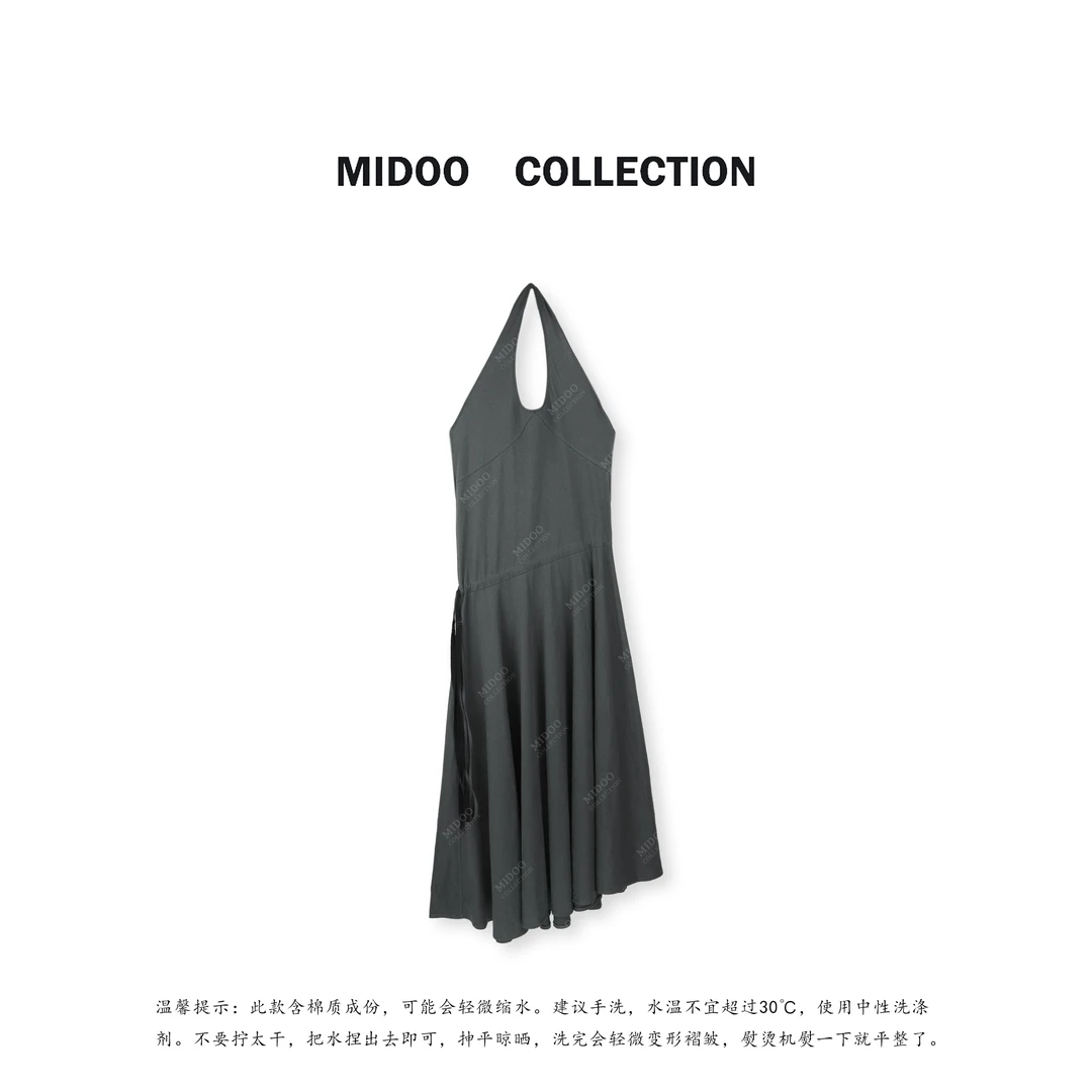 MIDOO ‘优雅艺术’气质挂脖不对称显瘦长款连衣裙