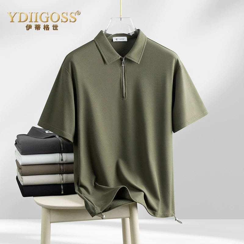 YDIIGOSS男士运动POLO衫重磅冰丝夏季短袖宽松拉链薄款T恤跑步