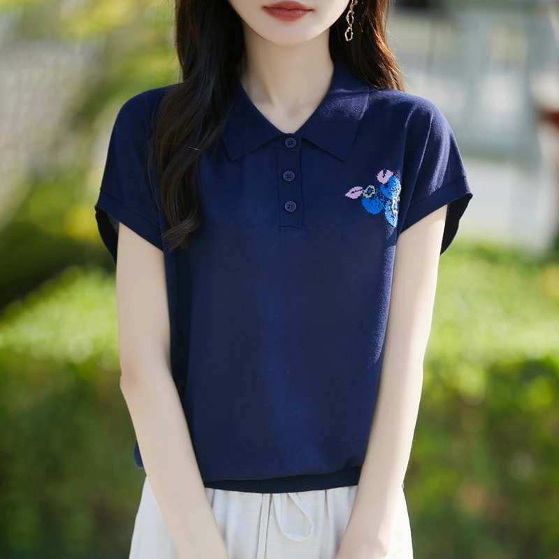 翻领宽松型短袖休闲藏肉女T恤透气宽松休闲山本风POLO领夏季百搭