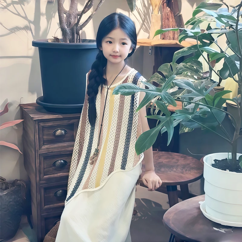 女童夏季连衣裙2025新款洋气中大童度假风儿童夏装无袖叠穿长裙子