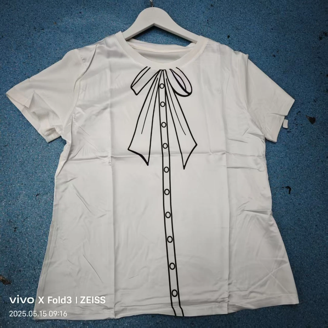 2025夏季新款蝴蝶结印花圆领正肩短袖t恤女时尚洋气上衣女款运动