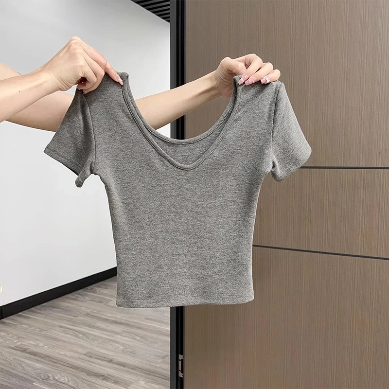 大领口露锁骨前后两穿短袖正肩上衣春夏纯欲短款露脐v领修身T恤女