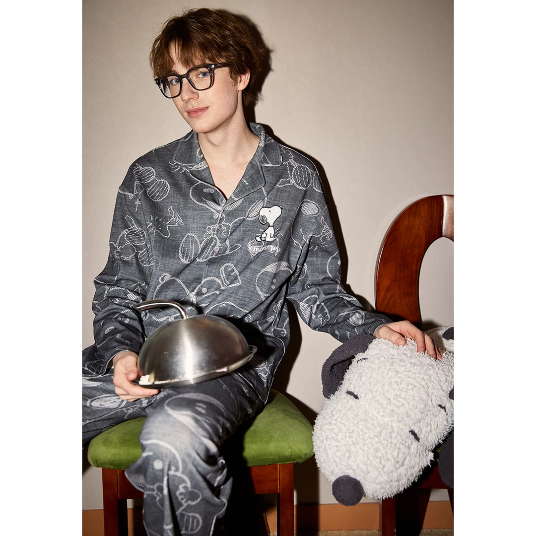Gukoo果壳春秋款史努比联名卡通印花宽松简约男士家居服套装