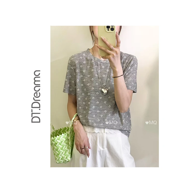 夏季休闲新款时尚圆领波点印花宽松显瘦百搭短袖T恤女气质女士