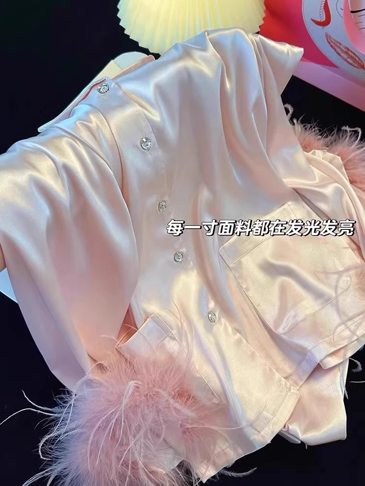 【DMXJ大梦想家】法式高级感拼接驼鸟毛缎面冰丝睡衣女春季家居服