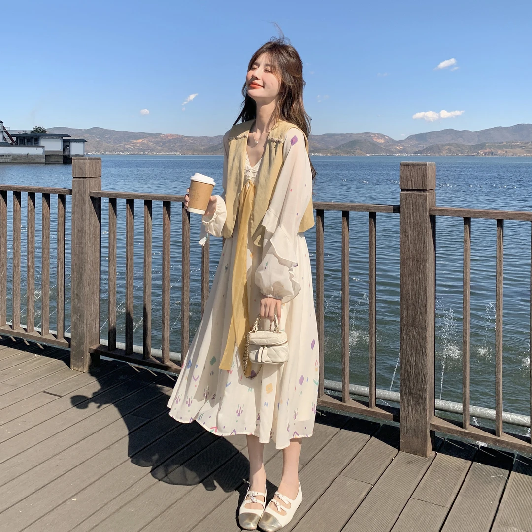 度假风V领印花连衣裙马甲套装女2025春夏新款高级感仙女裙两件套