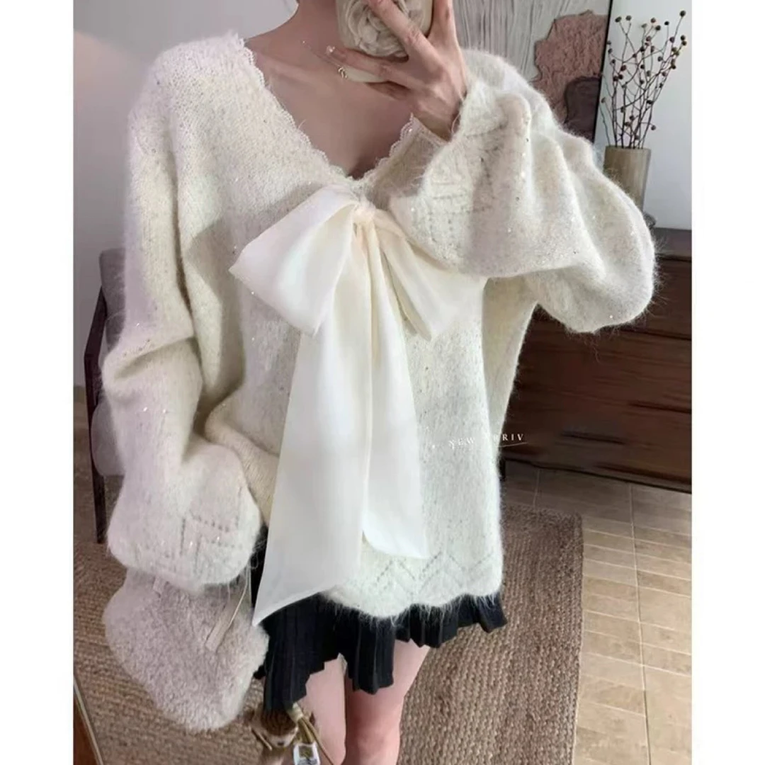 小香风慵懒风中长款针织衫宽松直筒套头显瘦蕾丝边秋冬季毛衣上衣