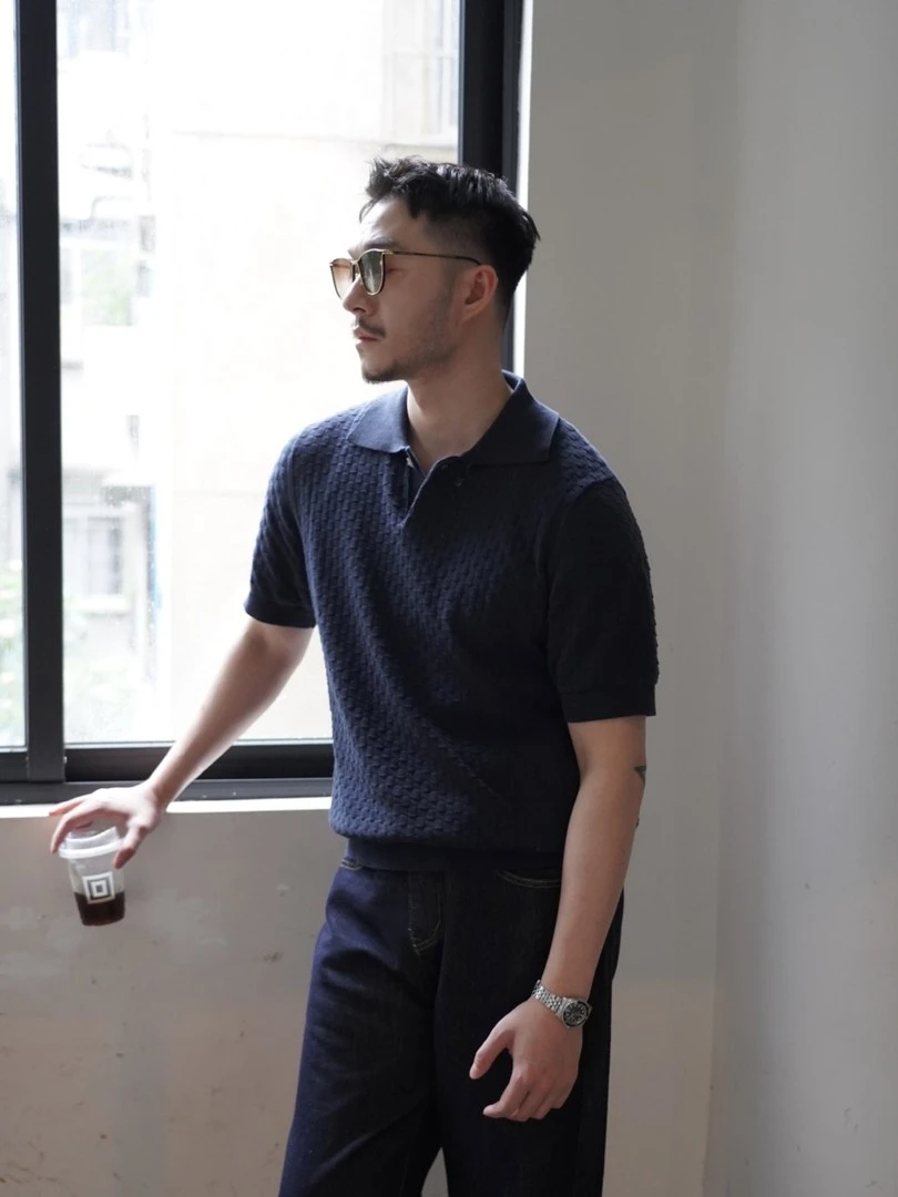 220克老钱休闲男士bv编织针法意式百搭海鸥领T恤Polo衫夏季简约
