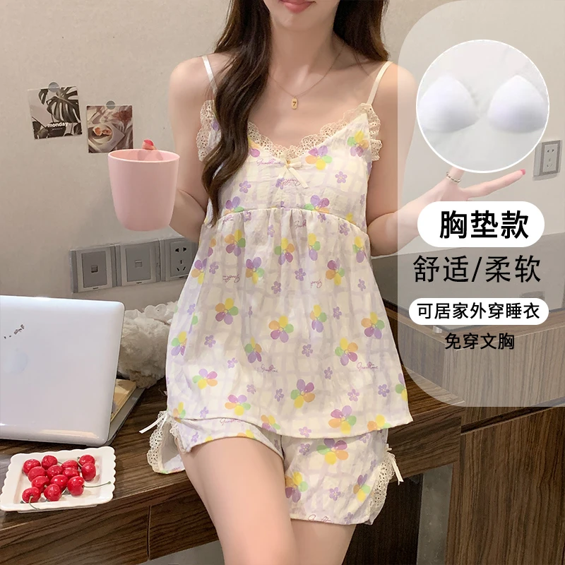 吊带睡衣女胸垫夏季新款清新甜美可爱蕾丝花边露背宽松休闲家居服