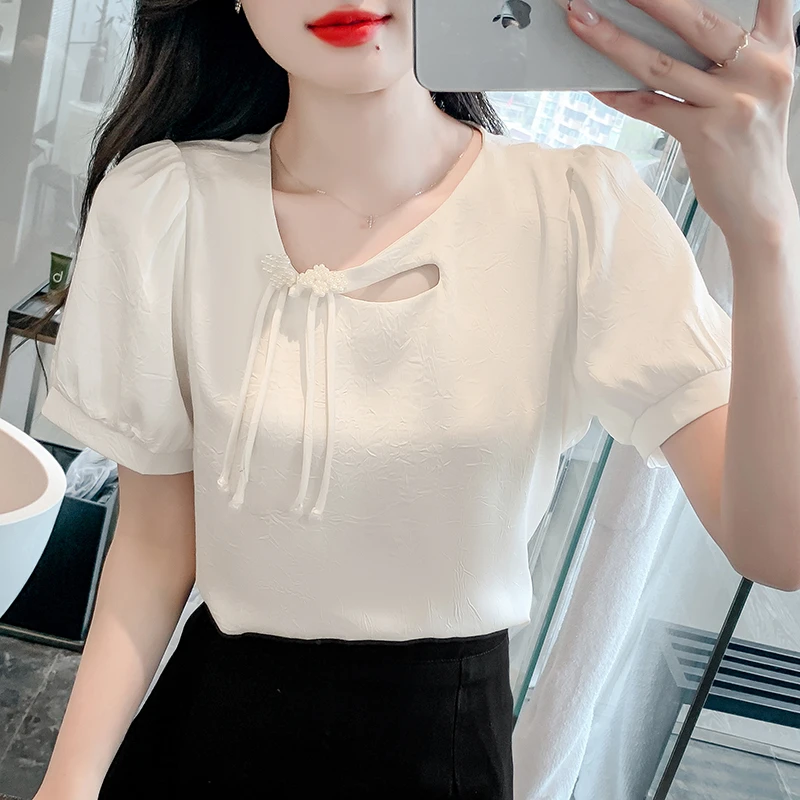 改良新中式国风提花短袖上衣女夏季2025新款气质雪纺衬衫漂亮小衫
