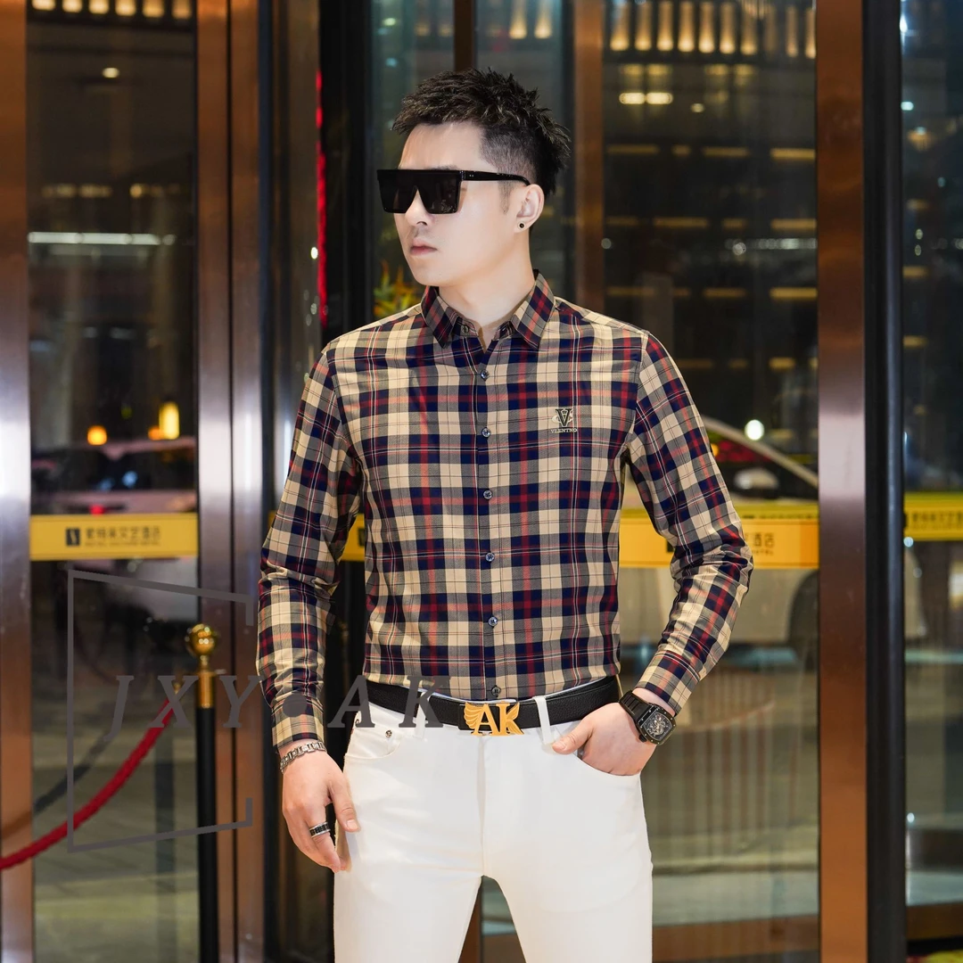AK男士春秋休闲衬衫长袖经典百搭美式格子修身长袖格纹衬衣男款