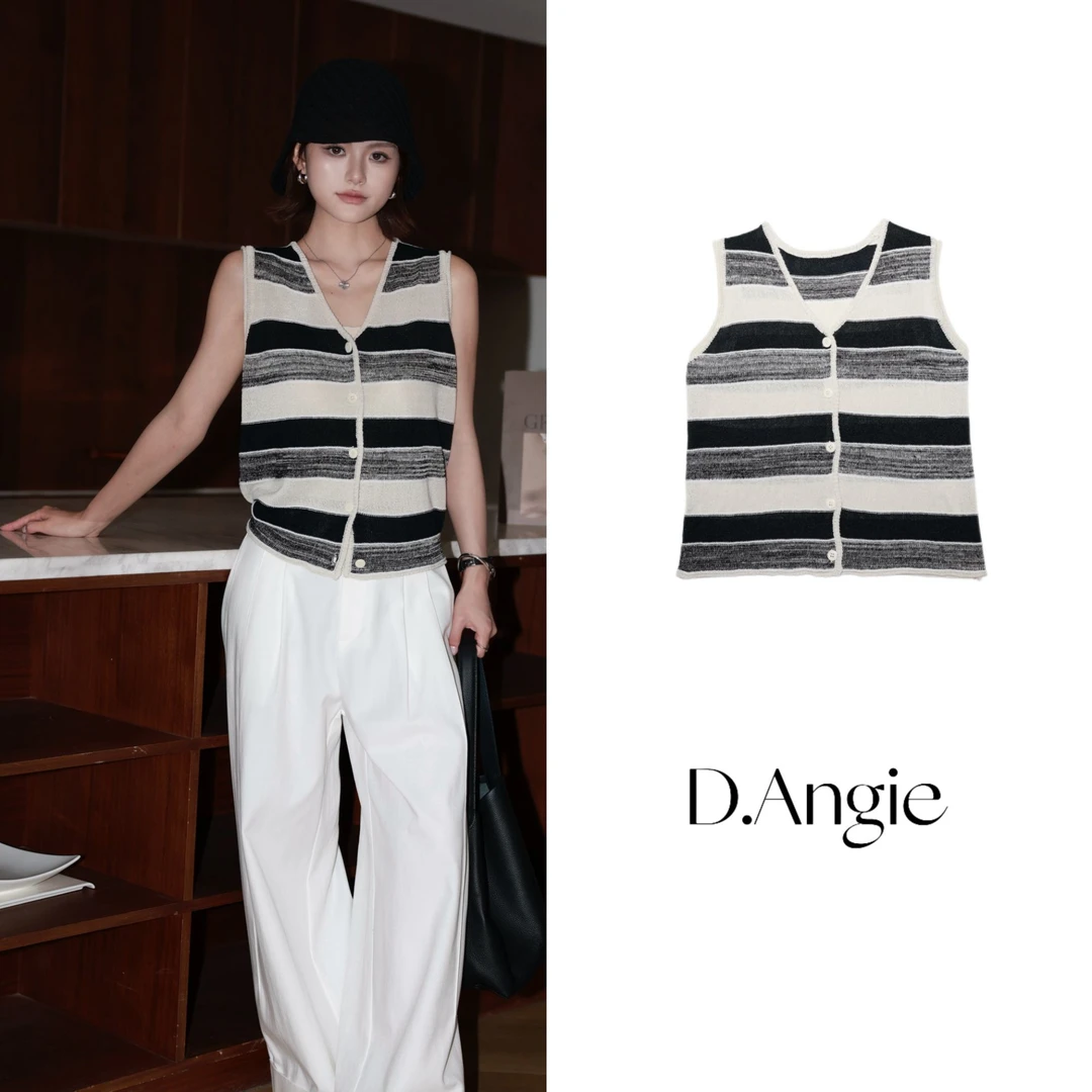 D.Angie【纸亚麻马甲】可持续时髦 进口和纸纱单叠两穿条纹针织背心