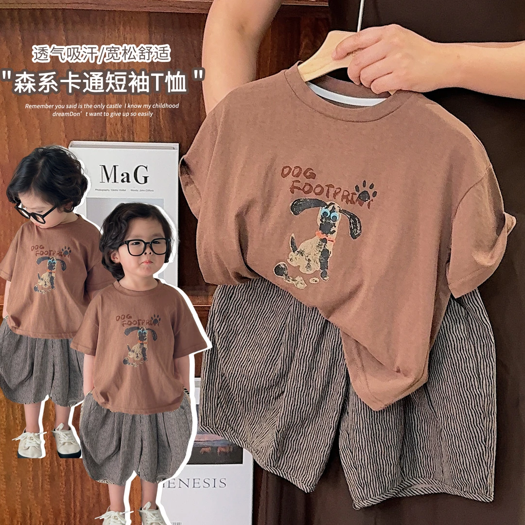 《潮妈入》韩版儿童卡通短袖夏新款男女童小狗印花半袖上衣25XL1196