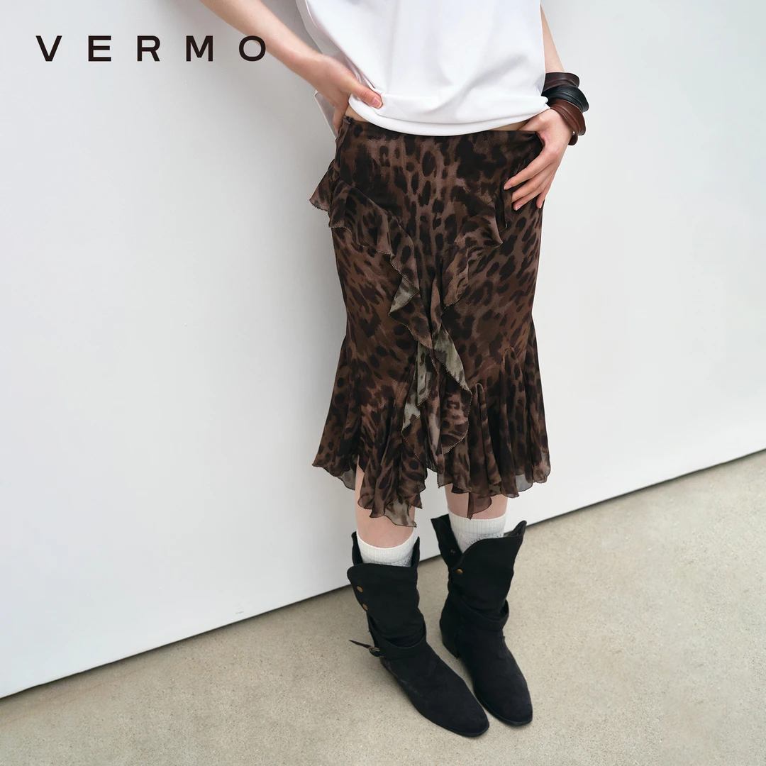 VERMO 轻盈别致 不规则剪裁 豹纹印花中低腰半身裙9537