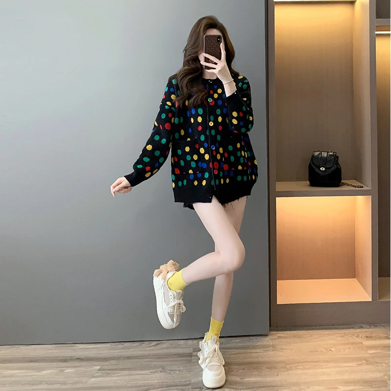 网红洋气彩色波点毛衣外套女秋冬韩系慵懒风复古宽松显瘦针织开衫