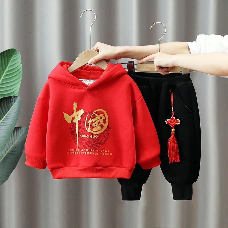 男女同款中国风加绒加厚羊羔毛红色拜年卫衣冬季卫衣拜年服