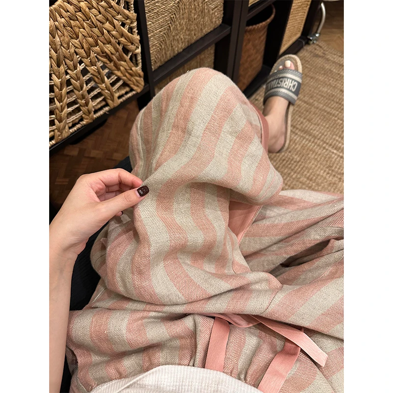 韩系甜美休闲慵懒条纹高腰睡裤女夏季新款亲肤遛弯宽松长裤可外穿