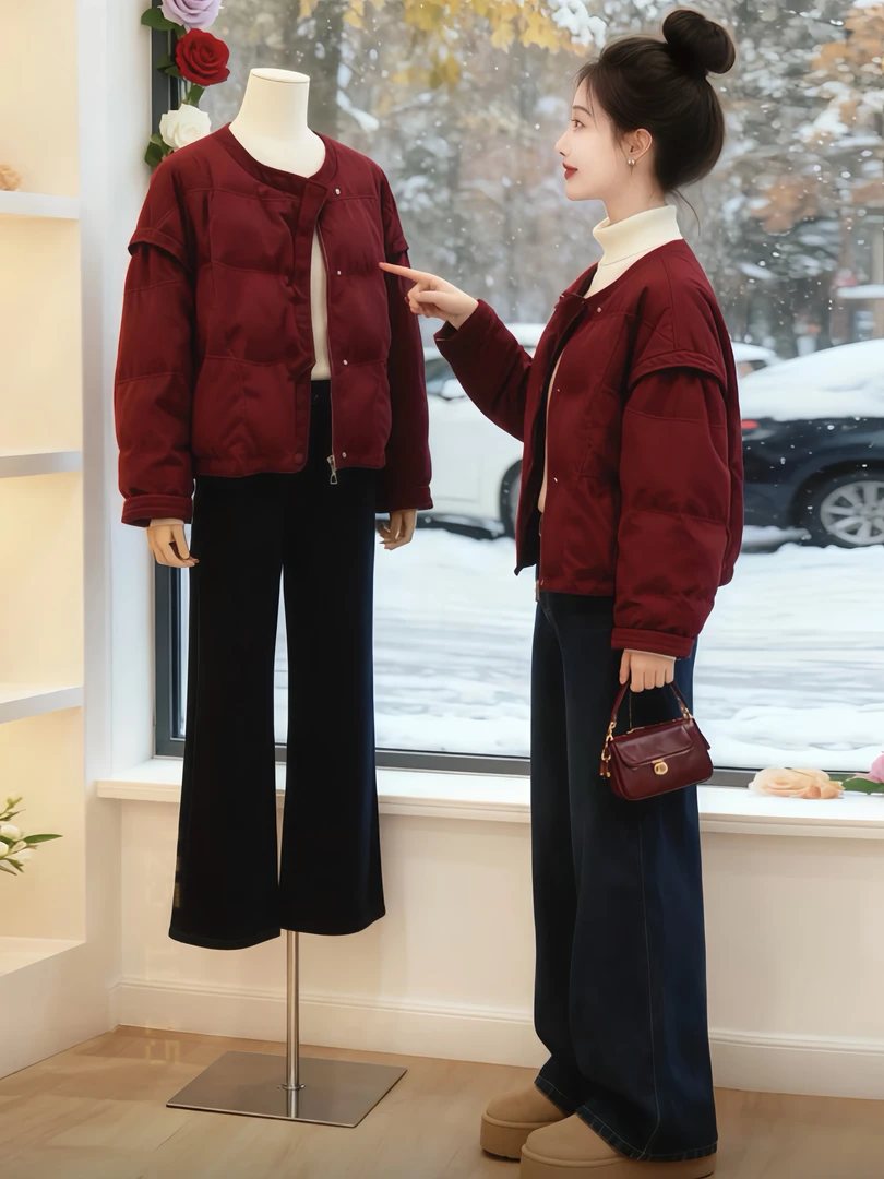 老钱风气质圆领加厚保暖棉服女秋冬季新款小众通勤新年红棉衣外套