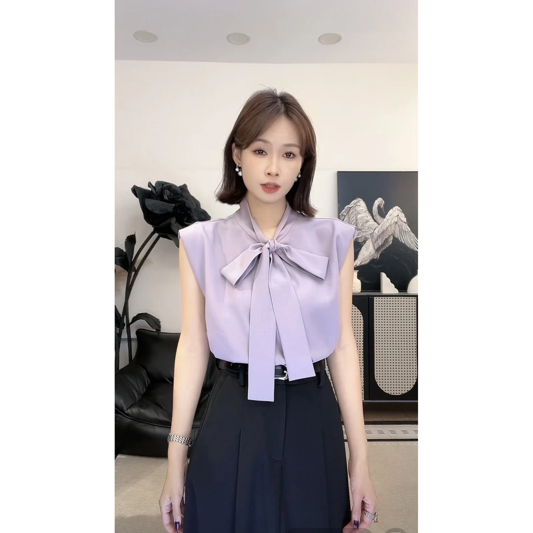 陈啾啾法式高级感气质衬衣系带无袖衬衫上衣SHBZWM651828 nnassa