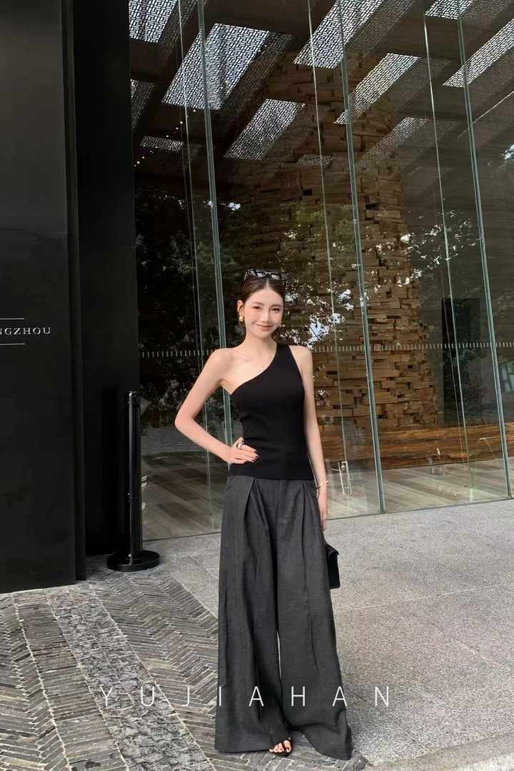 YUJIAHAN于佳含-【莱赛尔天丝】设计师款斜肩背心＋拖地阔腿西装裤