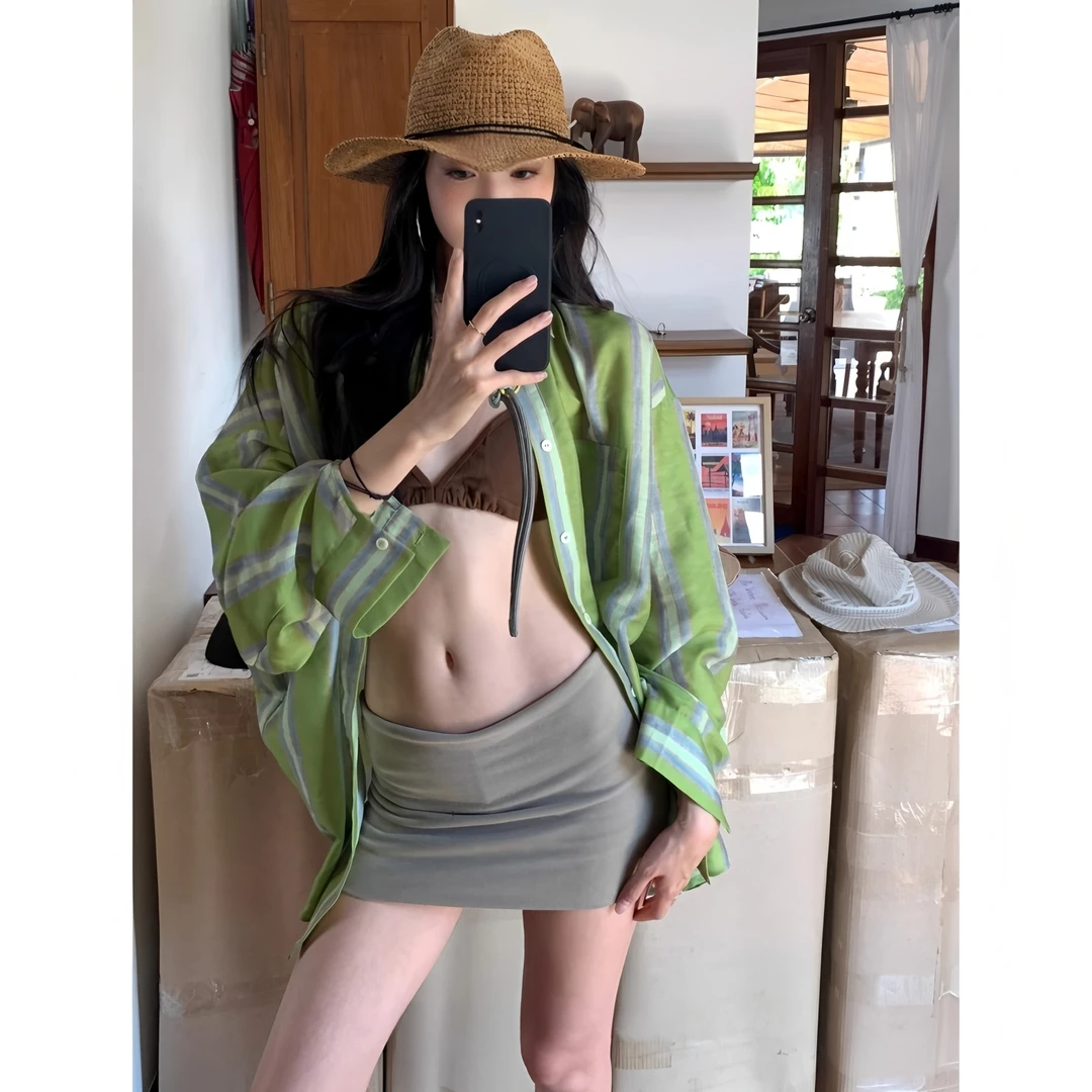 绿色条纹廓形宽松防晒衬衫小众女装新款韩系休闲显瘦长袖衬衣外套